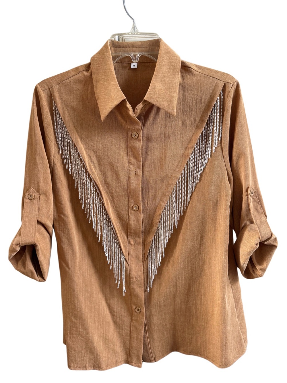 Brown Fringe-Trim Button-Down Shirt with Roll-Tab Sleeves